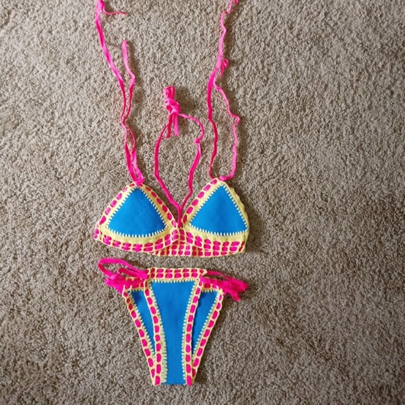 none Other - Strappy Halter Crochet Trimmed Blue  Swimsuit